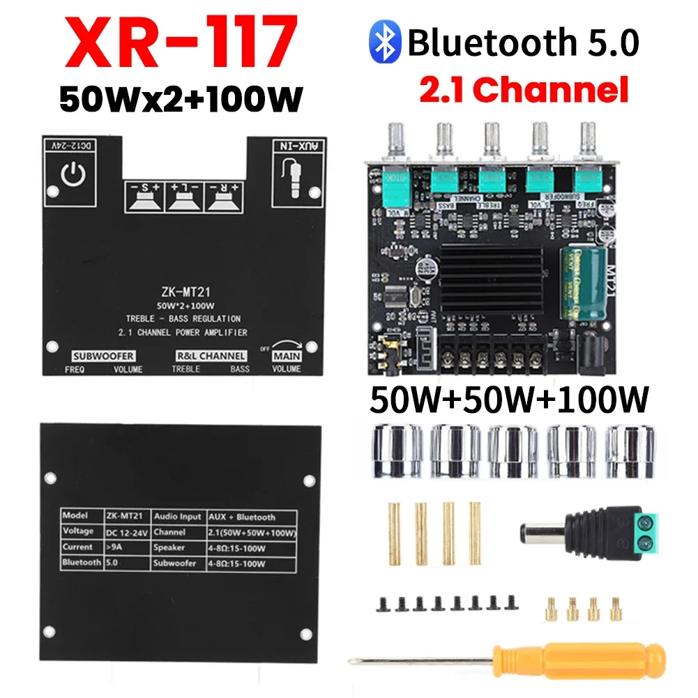 

2.1-канальная плата усилителя Bluetooth 5.0 с регулировкой высоких и низких частот, 50Втx2+100Вт, усилитель с Bluetooth и AUX 3.5мм для DIY-колонок