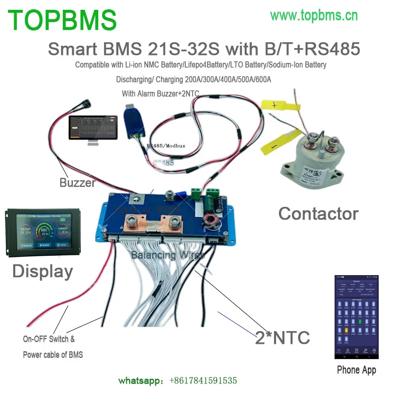 TOPBMS 21S-32S BMS 22S 26S 27S 28S 30S 32S 200A 300A 400A 500A 600A Bluetooth RS485 Modbus Lithium LifePo4 LTO TBattery