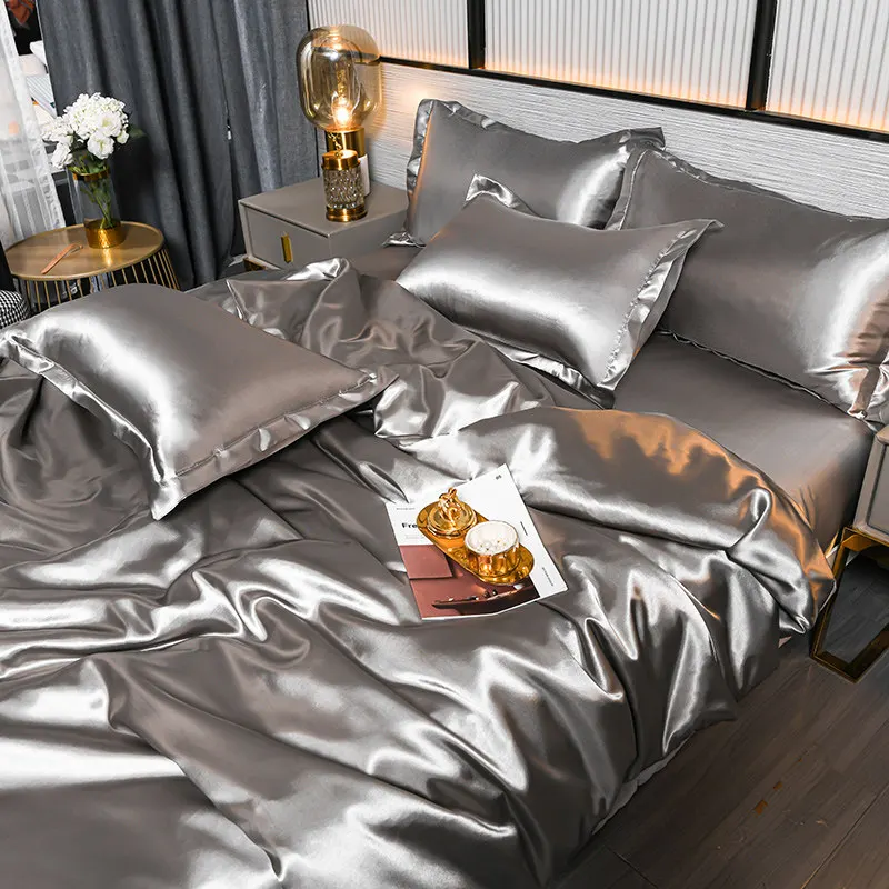 

Solid color Internet celebrity double-sided ice silk four-piece set summer cool silk quilt cover bed sheet three-piece set