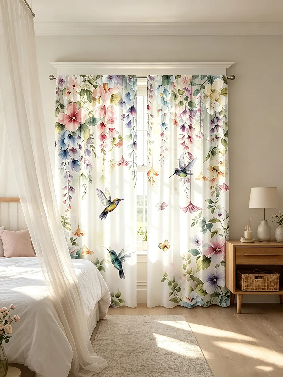 2PCS Digital Printed Curtains, Hummingbird Floral Pattern, Watercolor Art Style for Living Room Bedroom Kitchen Home Decor