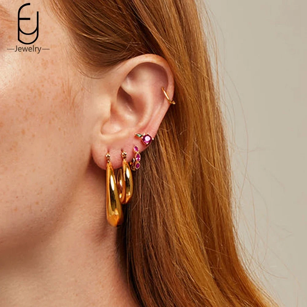 925 Sterling Silver Ear Buckles Fashion Hoop Earrings Rose Red Crystal Pendant Gold Earrings High Quality Women\'s Jewelry Gifts