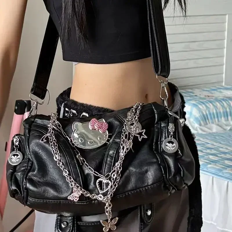 

MINISO Hello Kitty Crossbody Bag Sweet Cool Motorcycle Handbag Y2K Spicy Girl Chain Shoulder Bag PU Leather Crossbody Tote Bag