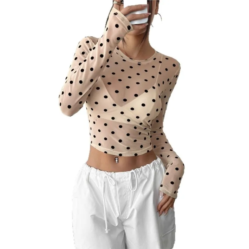 2025 Long Sleeve Blusas Chiffon Tops O Neck-round Woman Clothing  Vintage Slim Fresh And Sweet Commuting Perspective Polka Dots