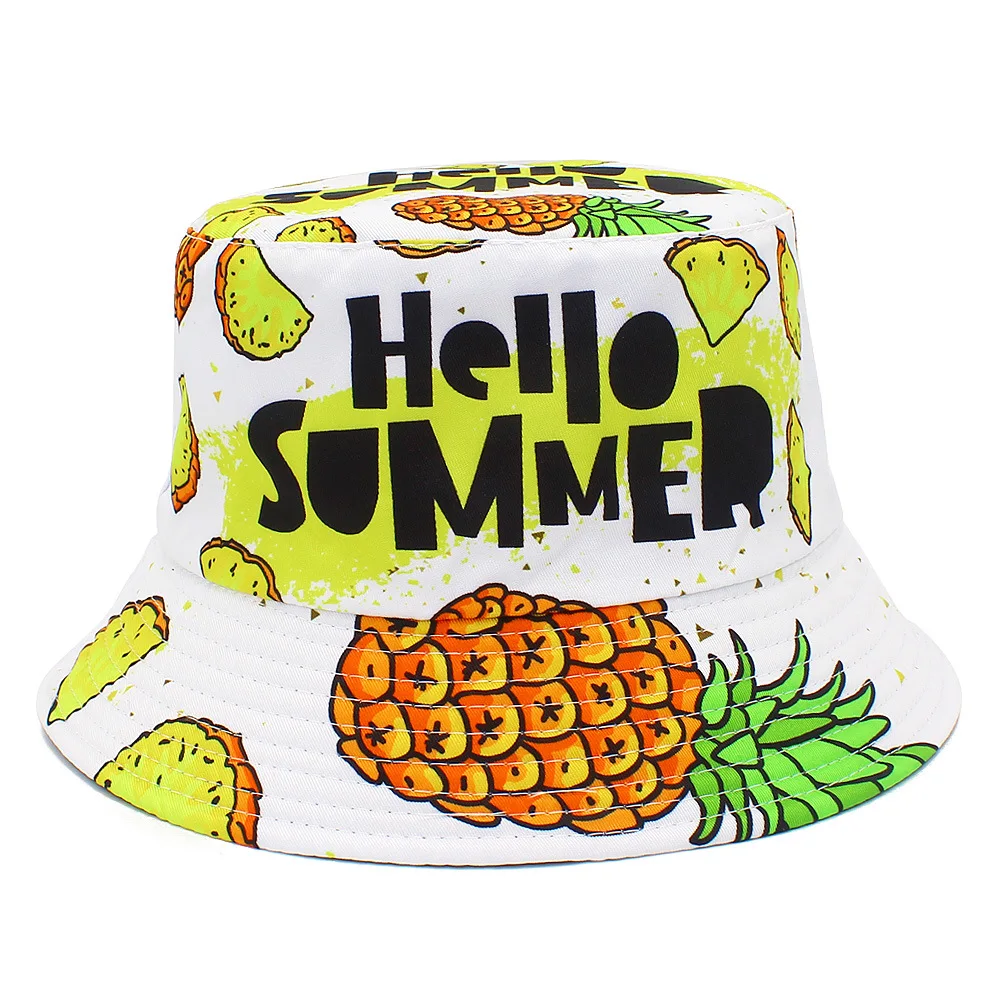 HELLO SUMMER Pineapple Pattern Bucket Hat Women Men Summer Outdoor Sunscreen Fisherman Hat Fashion Fruit Decorate Panama Hip Hop