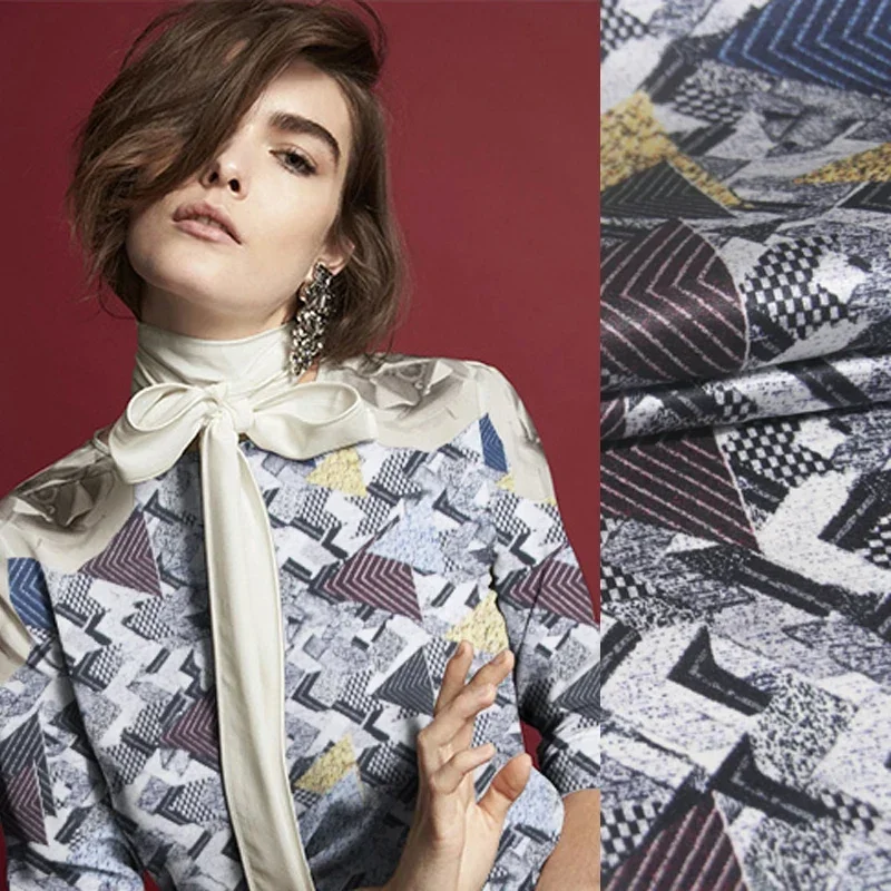 

105CM Wide 20MM Geometry Print Gray Black Strech Silk Satin Fabric for DIY Women's Blouse Dress Clothing Cheongsam Shirt C009