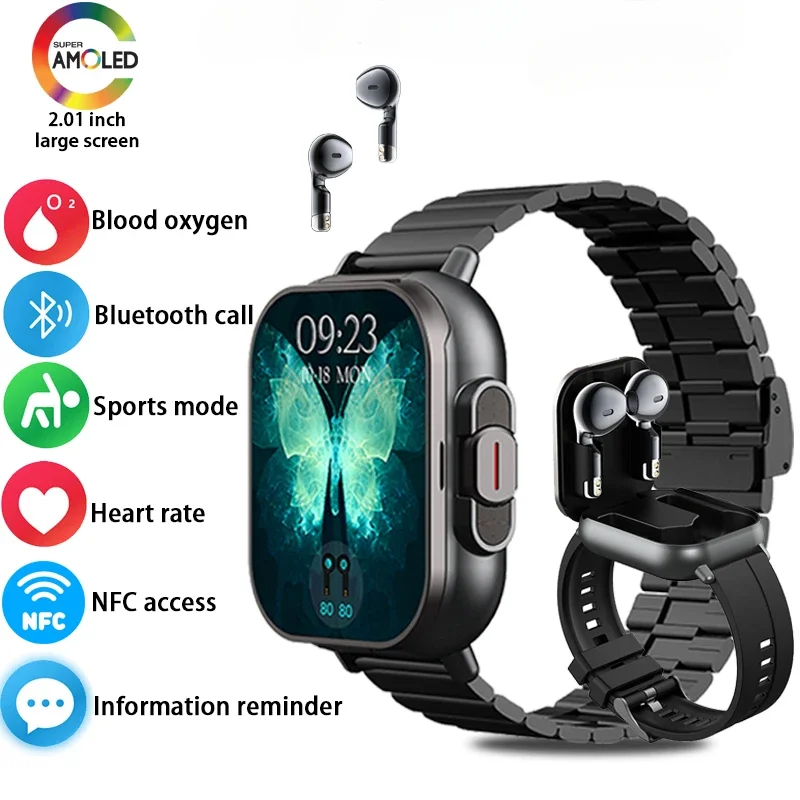 New Smart Watch Men with Earbuds Bluetooth Headset Speaker Tracker Music Sport Watch Men Waterproof Smart Watch AMOLED Screen