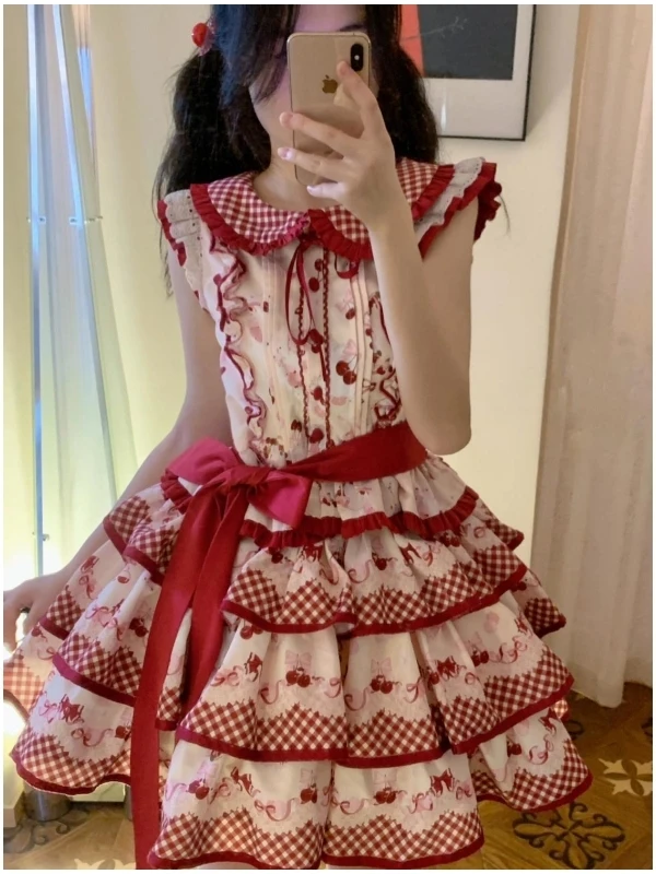 صيف جديد الحلو لوليتا طباعة عقدة منقوشة دمية طوق الدكتور الخصر Cinched رقيق تنورة Princ Sle ort Dr #1