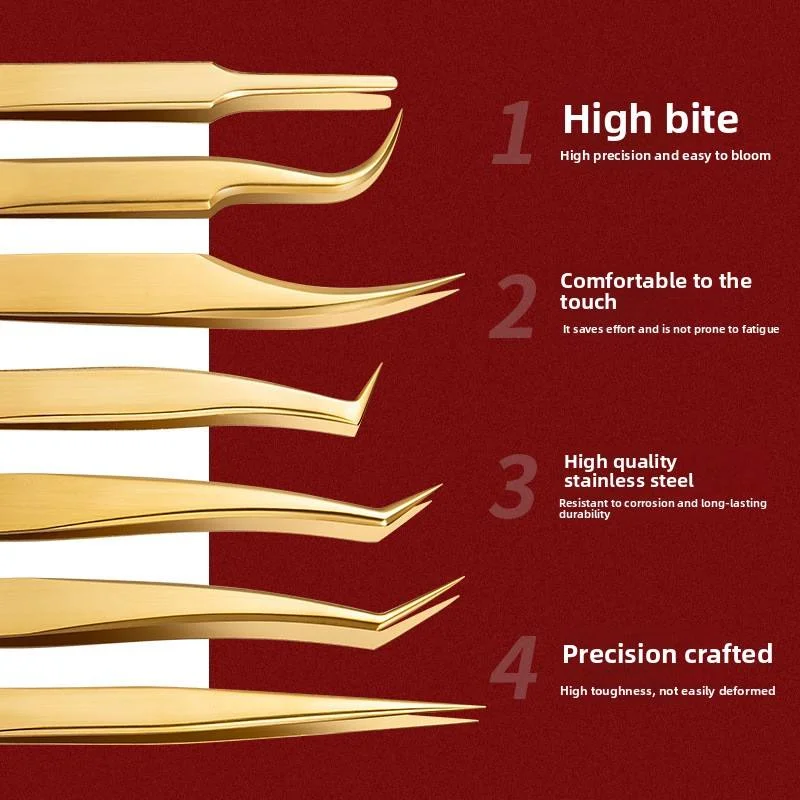 Pinzas para Pestañas y Extensión, Juego de Pinzas de Alta Precisión Apertura, Pinzas Plumas Doradas y Rizador, Kit Completo