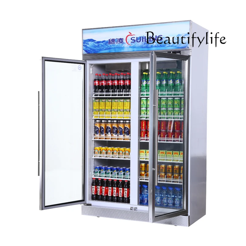 Freezer Commercial Supermarket Vertical Double Door Beverage Cabinet Heating Anti-Fog Refrigerated Display Cabinet