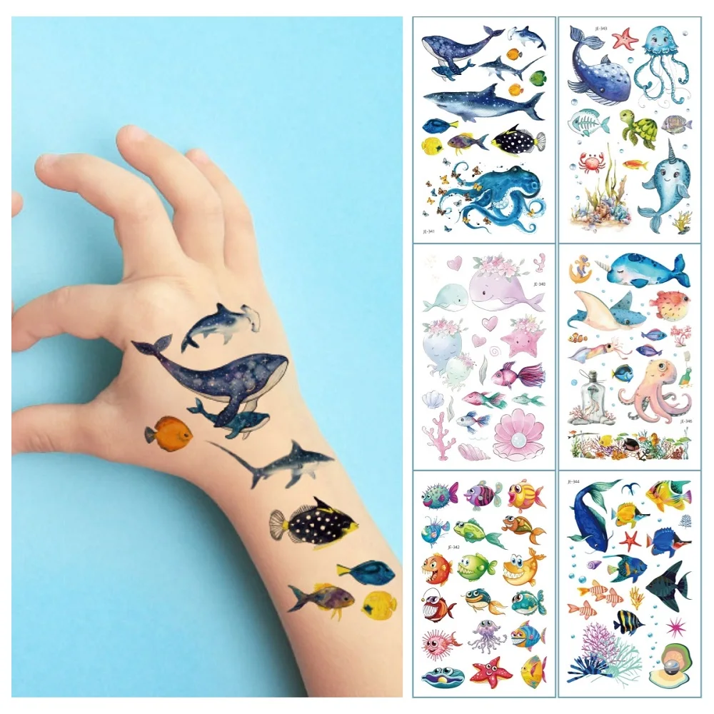 

Disposable Temporary Tattoo For Kids Cartoon Dolphins Whales Marine Fish Watercolor Waterproof Fake Tattoo Stickers Cute