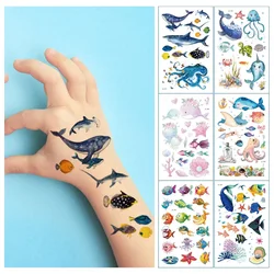Disposable Temporary Tattoo For Kids Cartoon Dolphins Whales Marine Fish Watercolor Waterproof Fake Tattoo Stickers Cute
