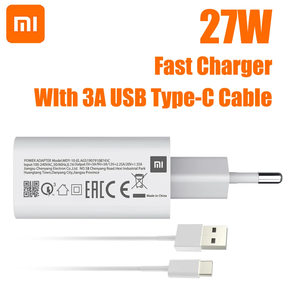 Original Xiaomi Fast Charger 27W EU QC4.0 Quick Charge Type C Cable for Mi 11 10 9 Note10 Lite Poco F2 X3 Redmi Note 9 S K40 Pro