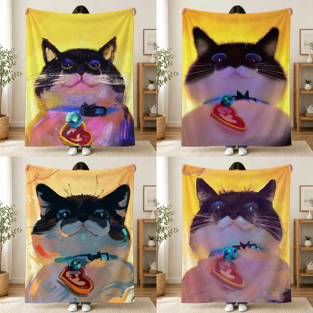 Cool Gaze Cat Cartoon Blanket Printed Flannel Soft Warm Cozy Season Nap Bed Sofa Travel Camping Gift Adults Kids