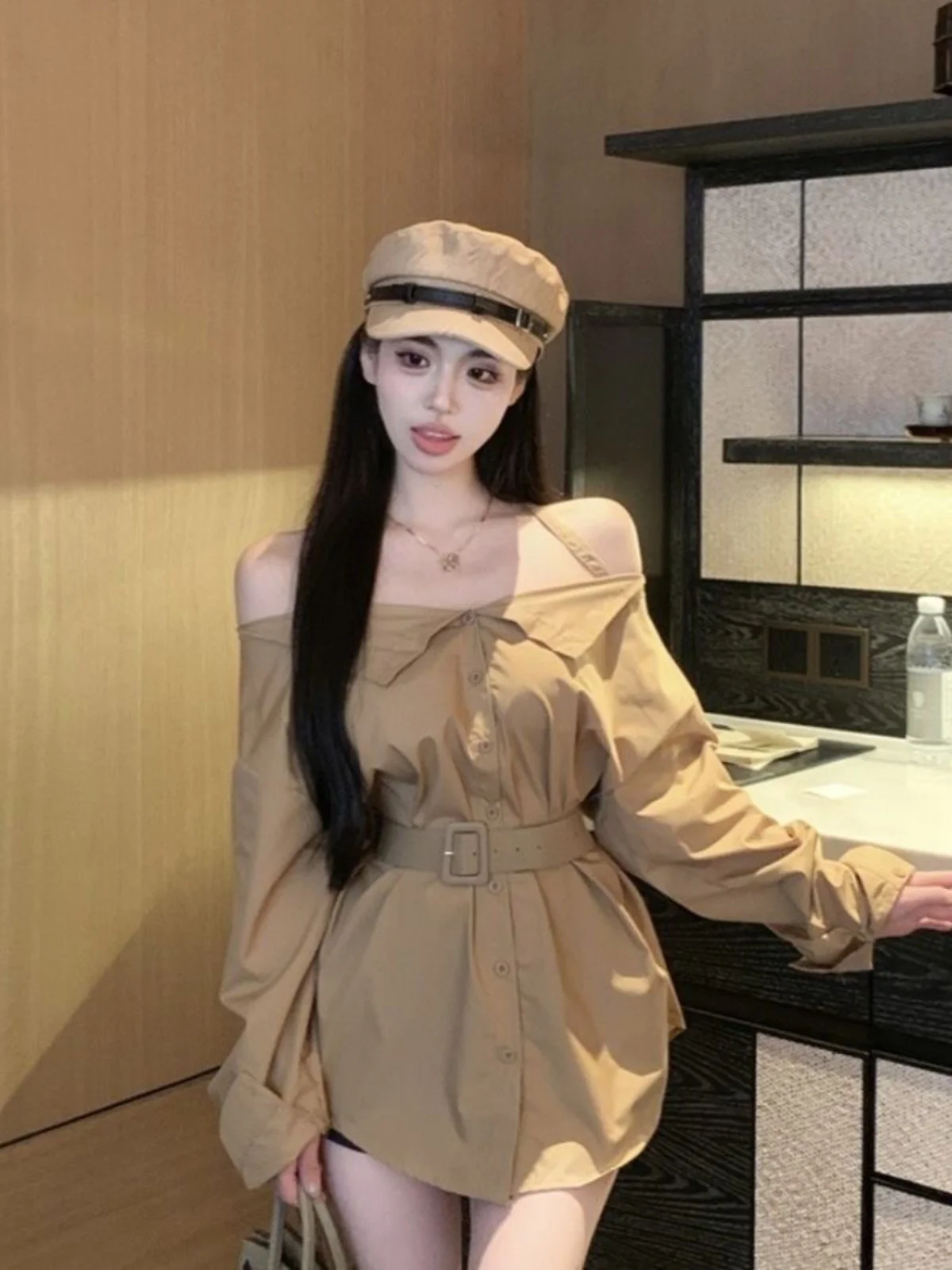 

Sun Protection Casual Ne Hanging Long Sve Women's irt Faionable Button Splice Slim Fit Pure Color oulder Design