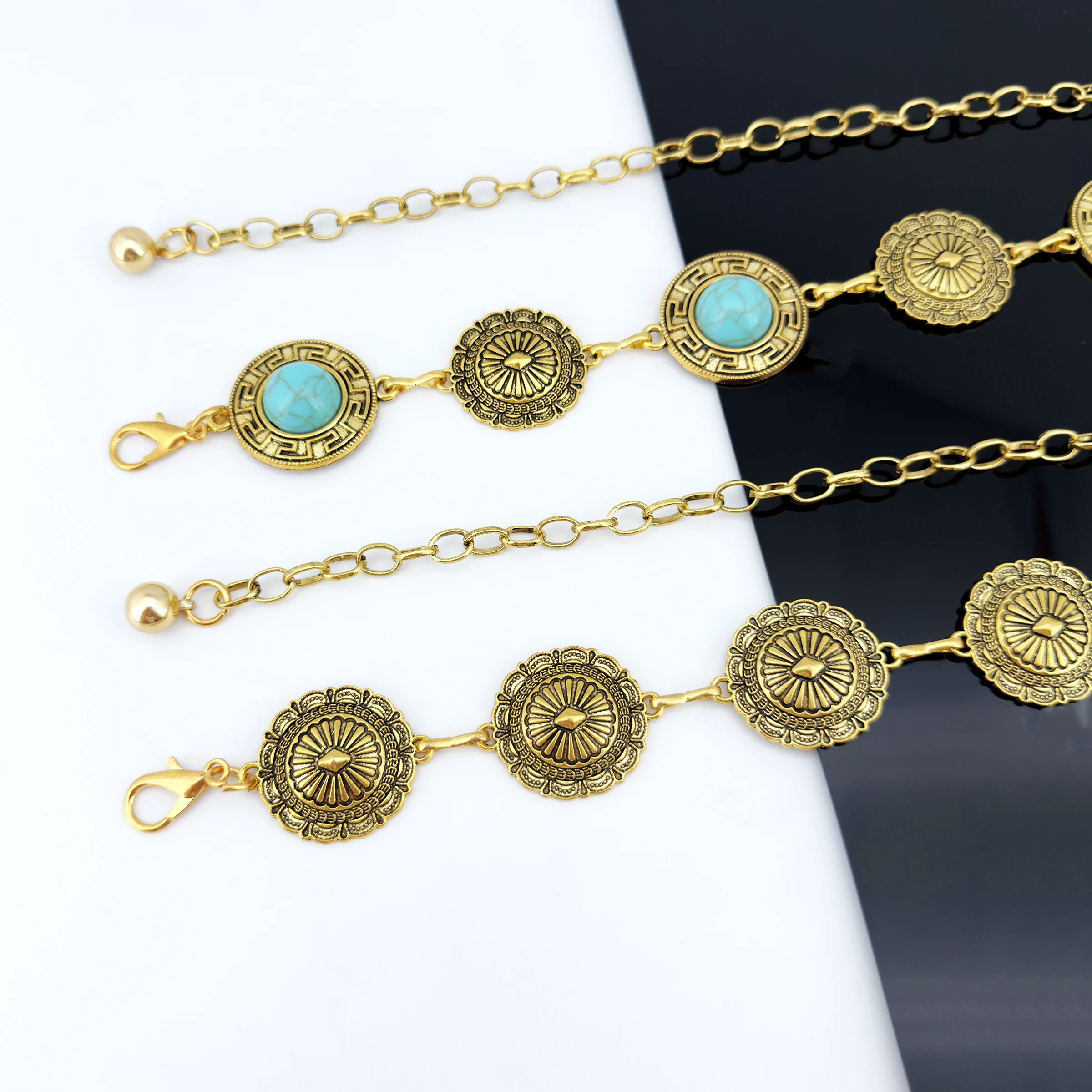 1 piece of retro gold circular inlaid turquoise women's fashionable metal belt Y2K luxury dress decoration accessory waist chain