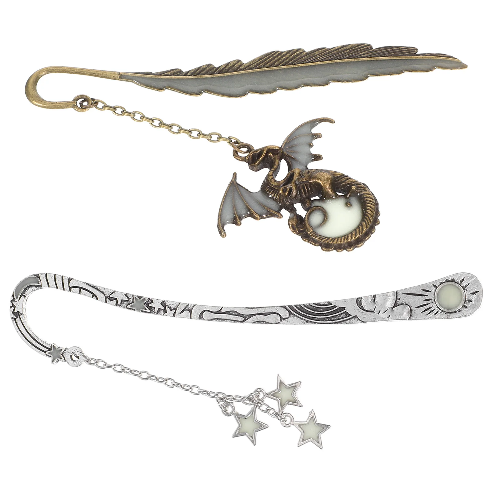 

2Pcs Pretty Night Light Bookmark Vintage Metal Dragon Star Pendant Secure Hook Structure Reading Accessories Book Marks