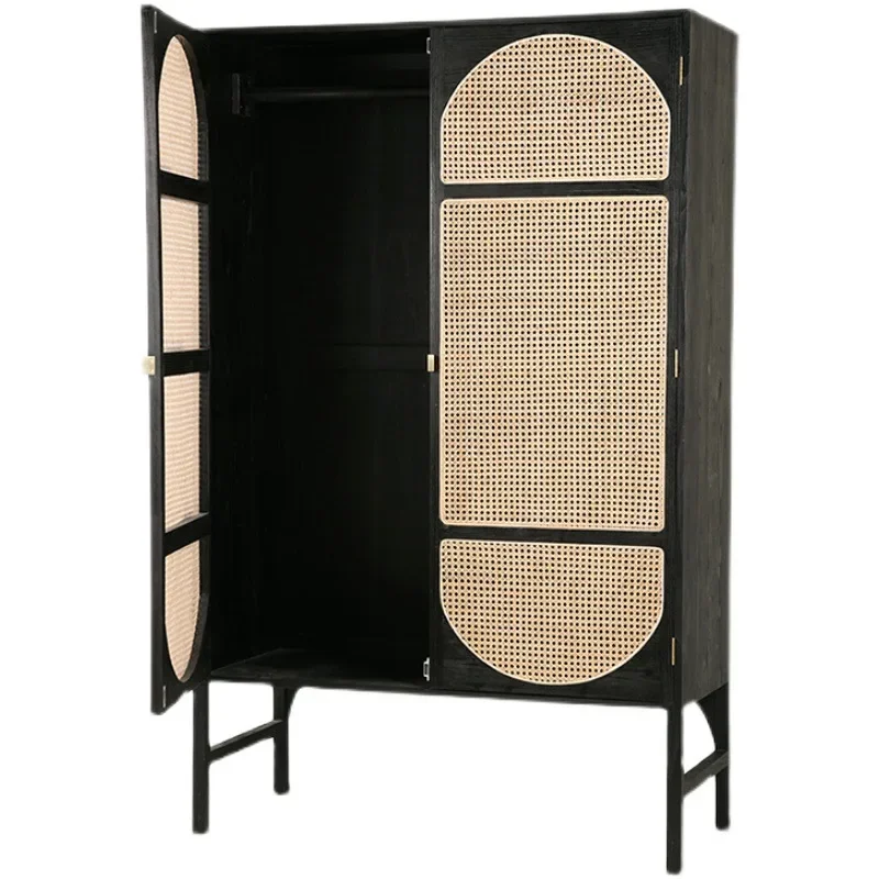 

Nordic rattan wardrobe, home bedroom black storage cabinet, double door solid wood locker