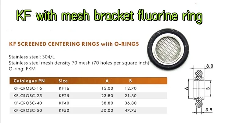 1 KF16-KF50 center O-ring,used for vacuum pipe flange joint,with mesh O-ring supporting fluorine ring,304 ss filter screen.