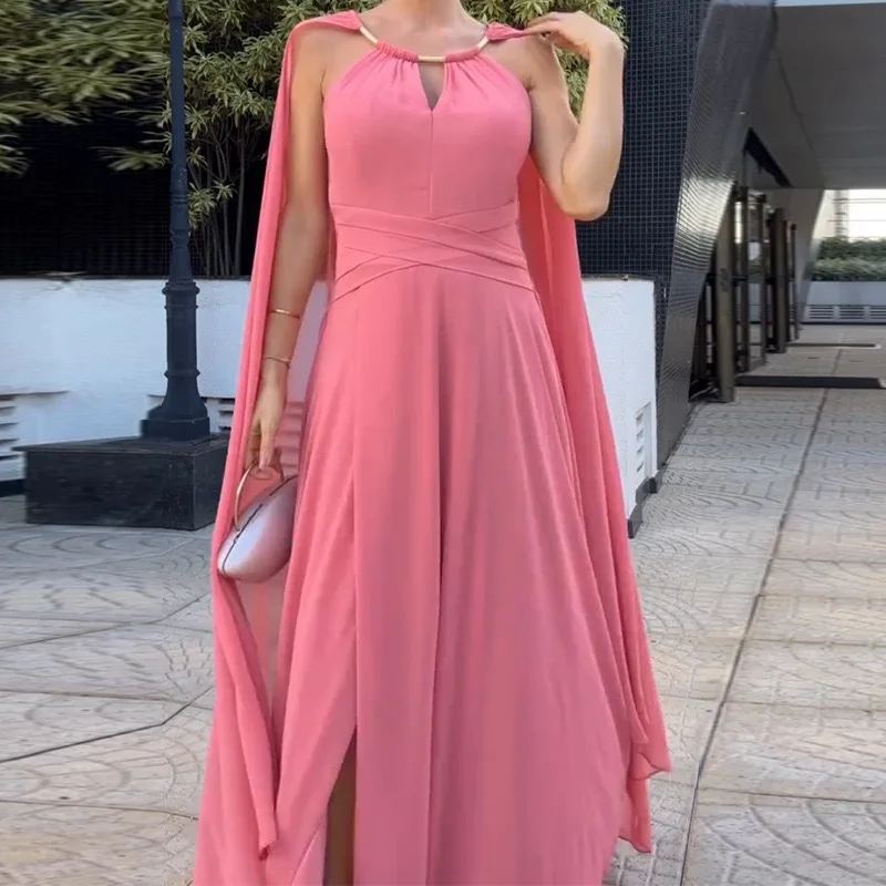 

New 2025 Chiffon High Waist Pleated Long Dress Women's Fashion Cocktail Dress Elegant O-neck Flying Sleeves Solid Evening Dress