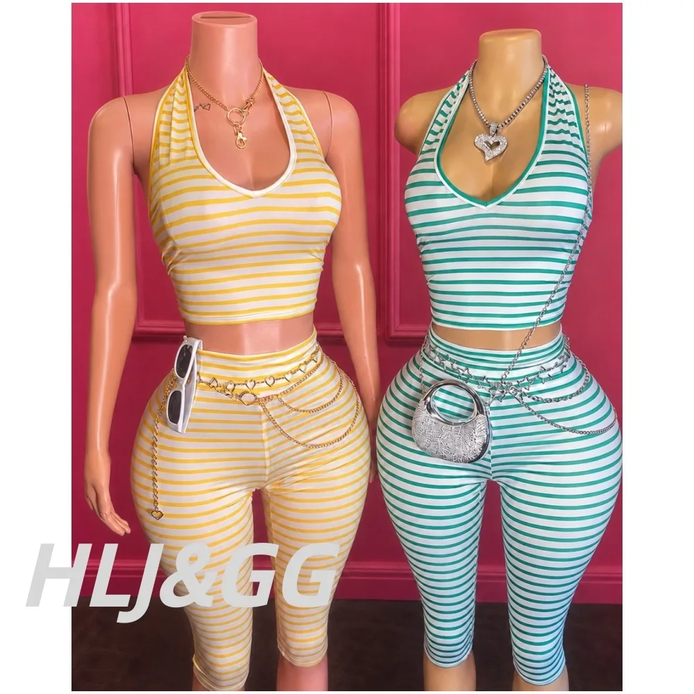 HLJ Sexy Stripe Print Patchwork 2 Piece Set Women Halter V-neck Crop Tank Top+High Waist Tight Capri Pants Matching Streetwear