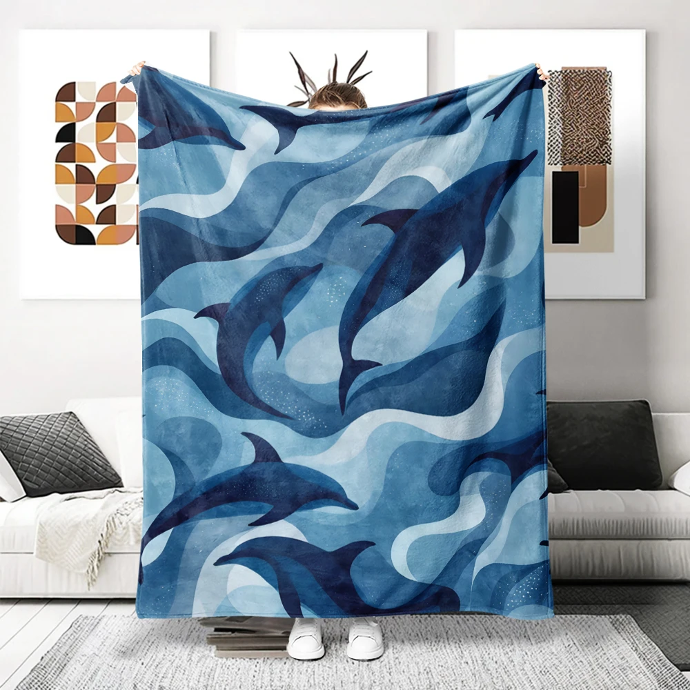 Blue Dolphins Waves Ocean Warm Flannel Fleece Blanket Thick Soft Cozy Throw Blanket for Winter Bed Couch Plush Bedspread