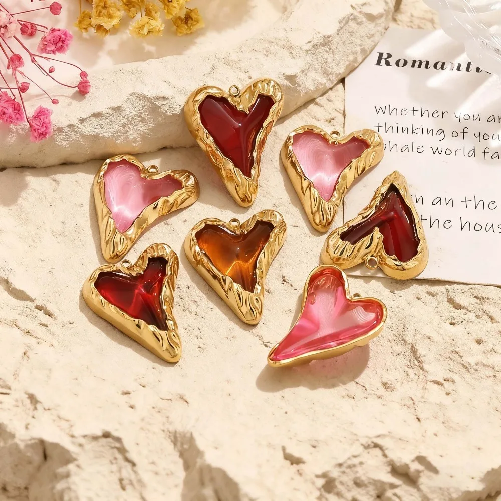 2Pcs Stainless Steel Acrylic Heart Pendants Charms Gold Plated DIY Necklace Bracelet Earrings Jewelry Making Accessories