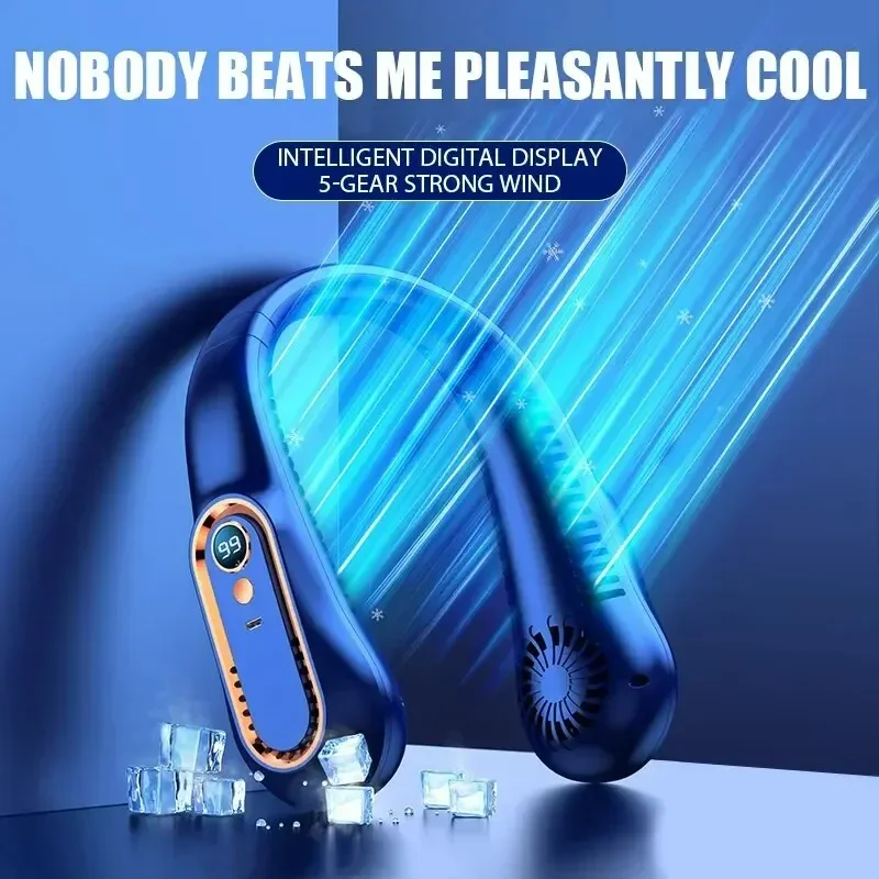 Ventilatore senza lama al collo Mini ventilatore silenzioso pigro portatile a lunga durata Ricarica USB Studente Sport Ufficio Display digitale Potenza 5 marce