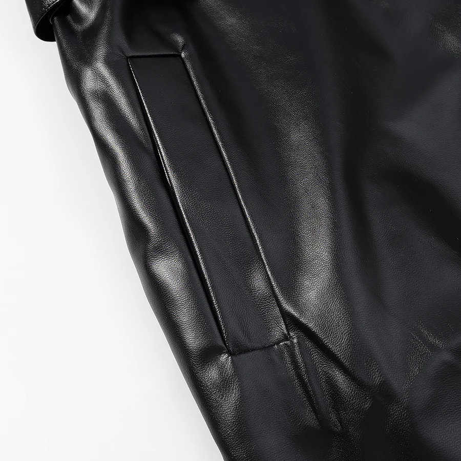 Women Autumn Winter New Full Faux Leather Coat With Belt Single Breasted Turn-Down Collor Vintage Long Female Outerwear