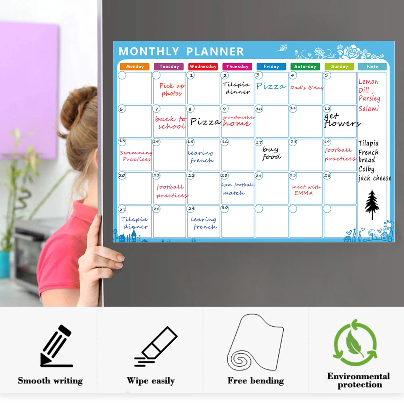 Magnetic Dry Erase Calendar Whiteboard Fridge Magnet Flexible Daily Message Stickers w/3 Board Pen 1 Eraser for Schedule Planner