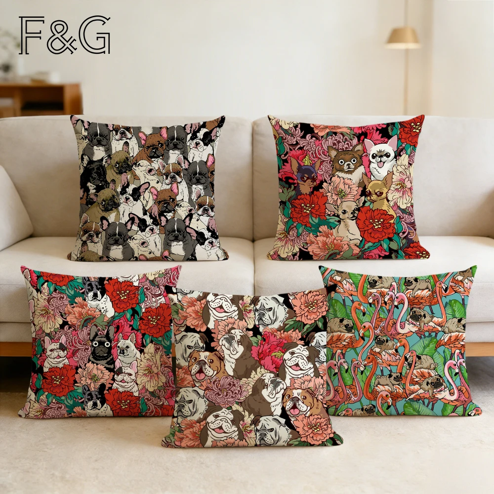 

Pug Dog Cat Bird Print Cushion Cover Cute Pet Pattern Throw Pillow Cover Sofa Bedroom Home Decor Custom Pillowcase