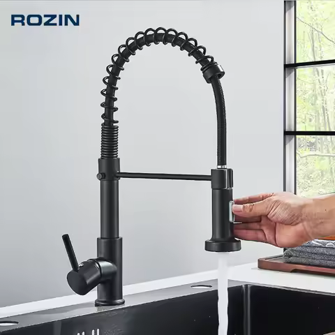 Rozin Matte Black Kitchen Faucet Deck Mounted Mixer Tap 360 Degree Rotation Stream Sprayer Nozzle Kitchen Sink Hot Cold Taps