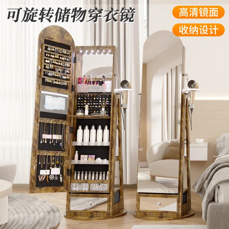 Full body full-length mirror cabinet cloakroom mirror movable rotating hanger floor vertical  multi-functional