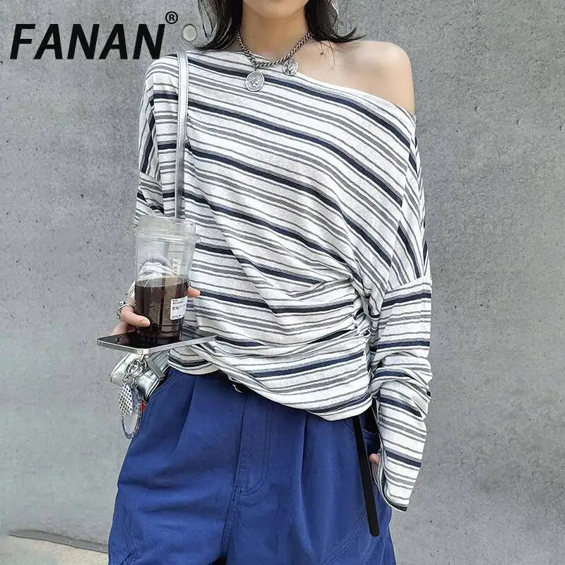 FANAN Summer New Korean Style Casual Relaxed Irregular Striped One-Shoulder T-Shirt Sun Protection Top For Women
