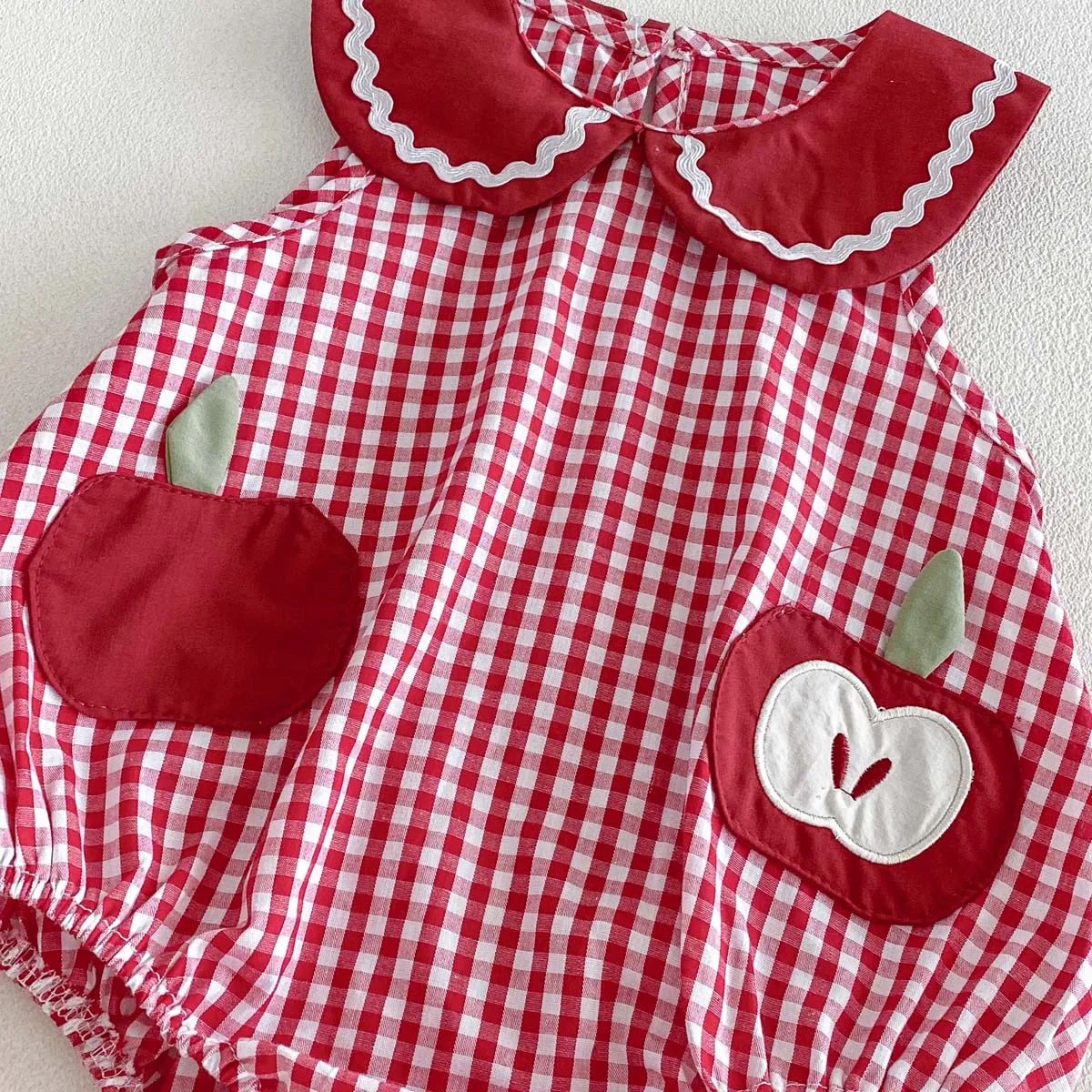 Baby Girl Sleeveless Floral Triangle Romper, Red Plaid Apple Patch Embroidered Doll Collar Summer Baby Romper 4