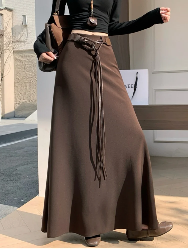 

SMTHMA однотонная юбка-костюм, осень 2021, драпированные плиссированные макси-юбки трапециевидной формы с высокой талией для женщин, большая распашная юбка с поясом