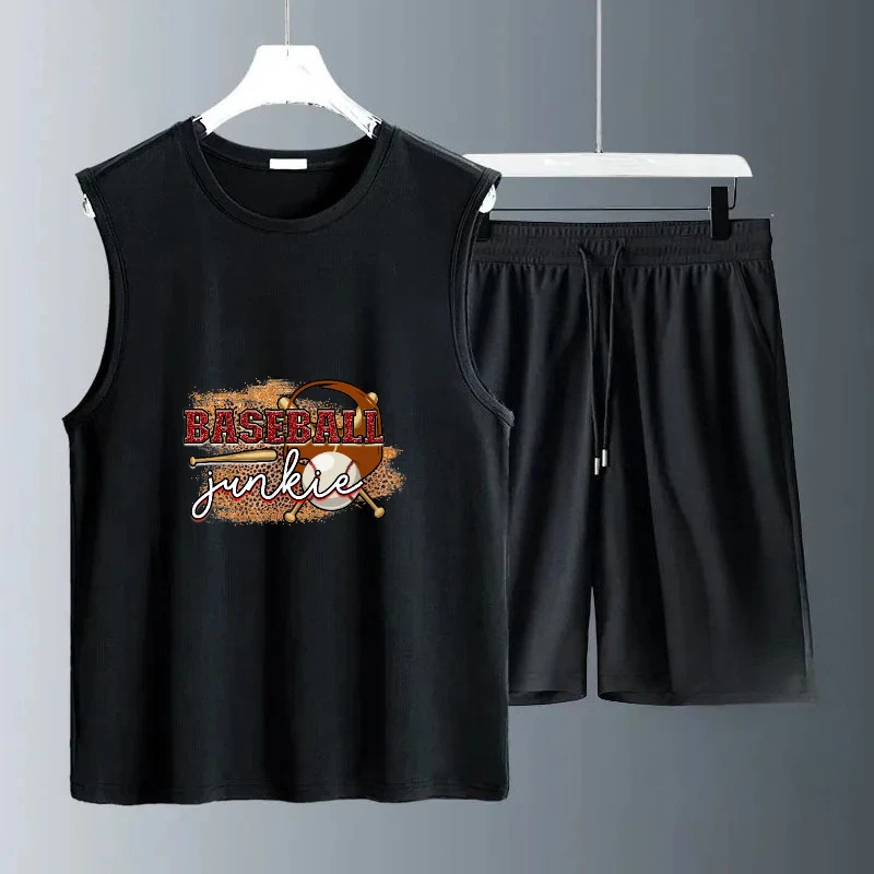 

2025 Casual Sleeveless Polyester Fiber Brown background football print suits Sports T-shirts+shorts Men Daily Wear Durable Sets