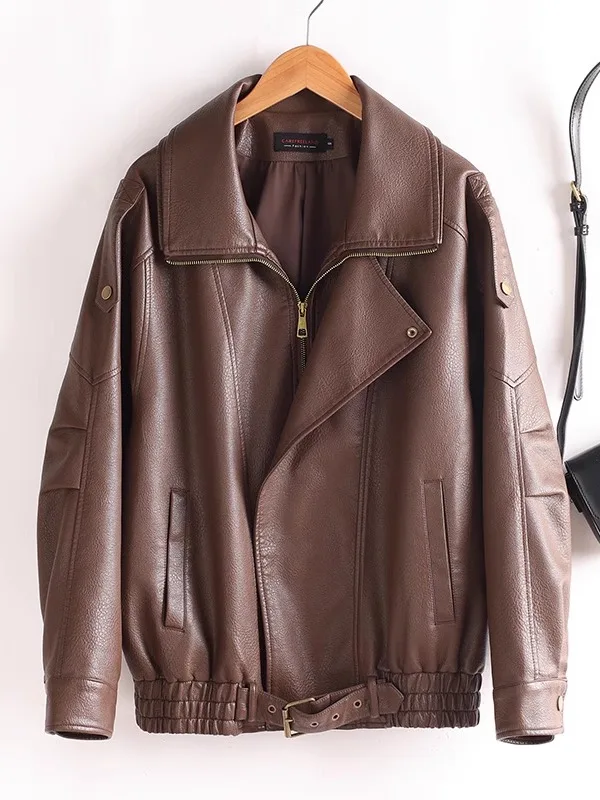 Cool Leather Jaet Or Sle 2025 da donna Nuovo cappotto allentato in pelle da motociclista eepskin Capispalla in vera pelle Faionable Commute D...