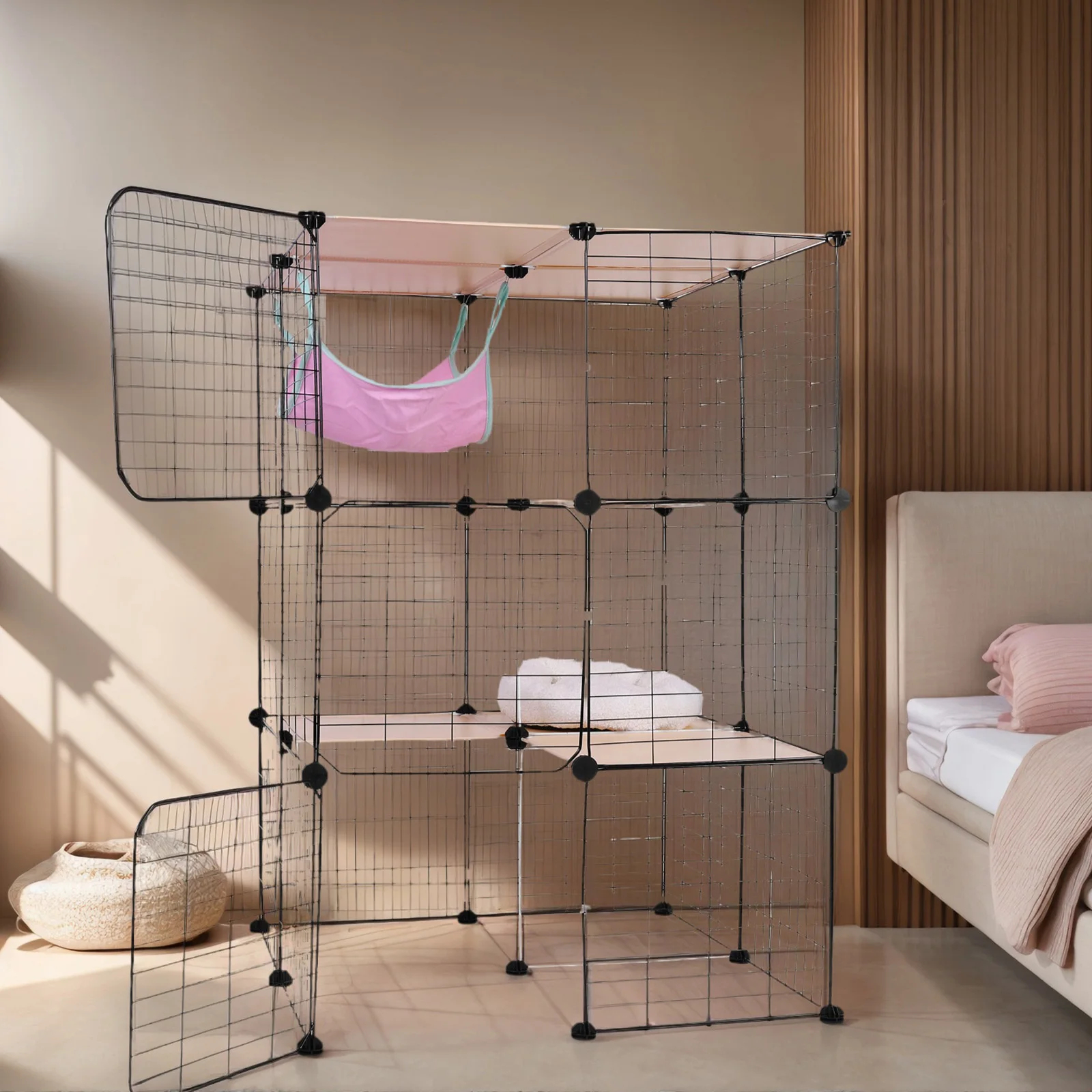 

3 Tiers Indoor Cat Enclosures with Hammock and Bed DIY Enclosure Pet Playpen Cat Crate Exercise Extra Place Ideal for 1-3 Cats