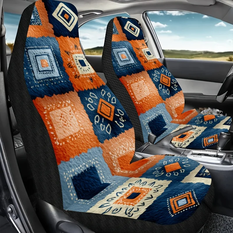 Two Pieces Of Bohemian Style Geometric Block Printed Car Seat Covers, Easy To Clean, Unisex Front Seat Protectors For Cars, Styl