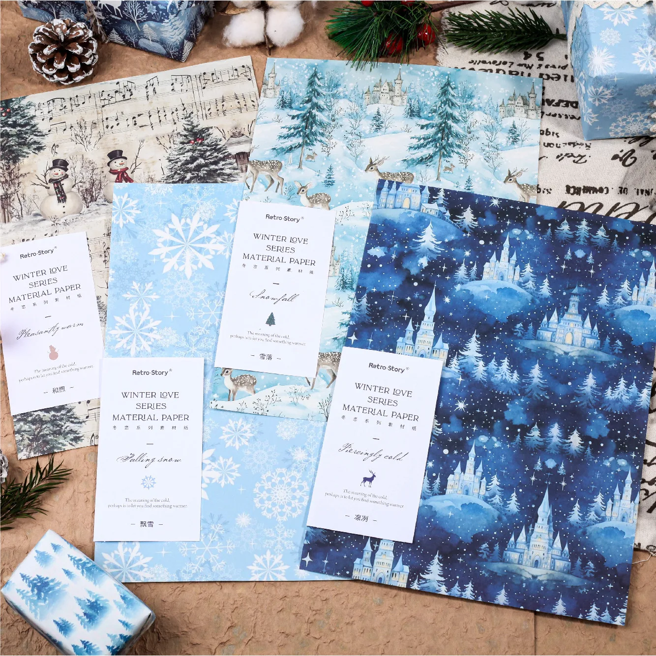 Mr. Paper, 10pcs/bag, Vintage Winter Themed Handmade Scrapbook, Photo Frame Decoration Material Paper, Gift Wrapping Paper