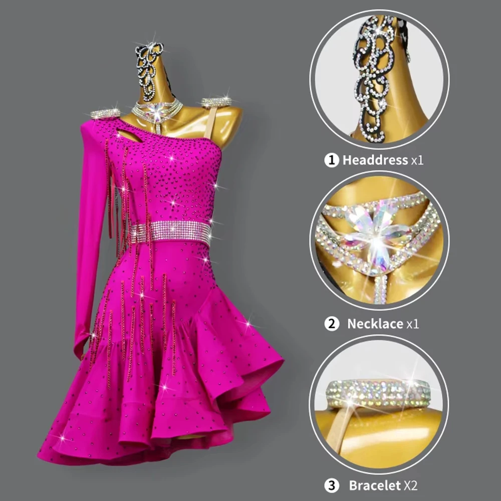 2025 nieuwe latin danswedstrijd kostuum sexy nieuwe volwassen slijtage vrouwen midi jurk ballroom kleding meisje sport party rok aangepast