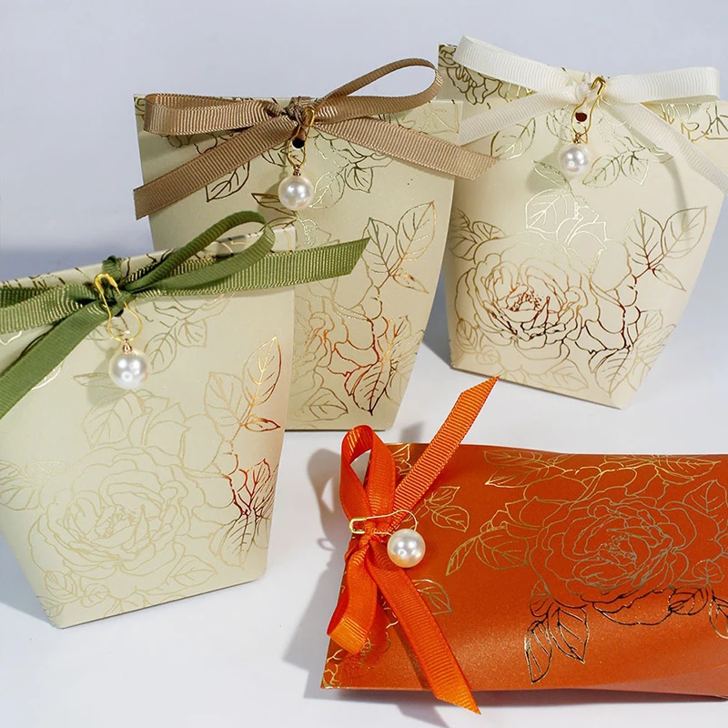 30Pcs/Lot Gold Stamping Process Mini Gift Box with Ribbon Flower Candy Box Wedding Party Cookies Boxes Gift Packaging Box