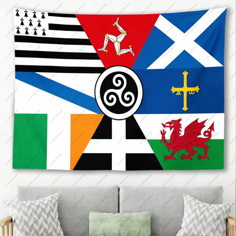 Combined Celtic Countries Flag Triskelion Center Symbol Tapestry Scottish Welsh Irish Manx Breton Cornish Wall Decor Banner