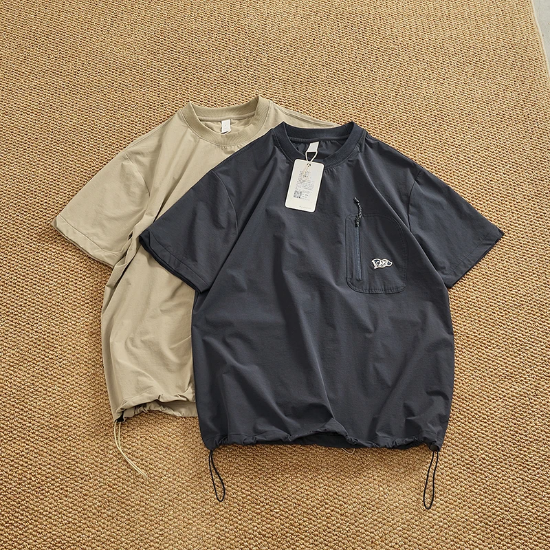 High Street Trendy Tech Pocket T-Shirt for Men - Summer New Round Neck Pullover with Drawstring Hem Unisex Short Sleeve Tee