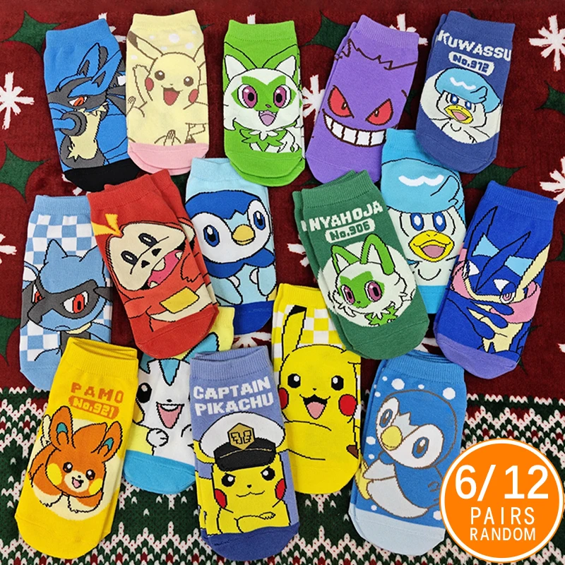 

6/12 Pairs Women's Summer Socks Pokémon Anime Doodle Print Lightweight No Show Socks Cute Couple Breathable Casual Socks