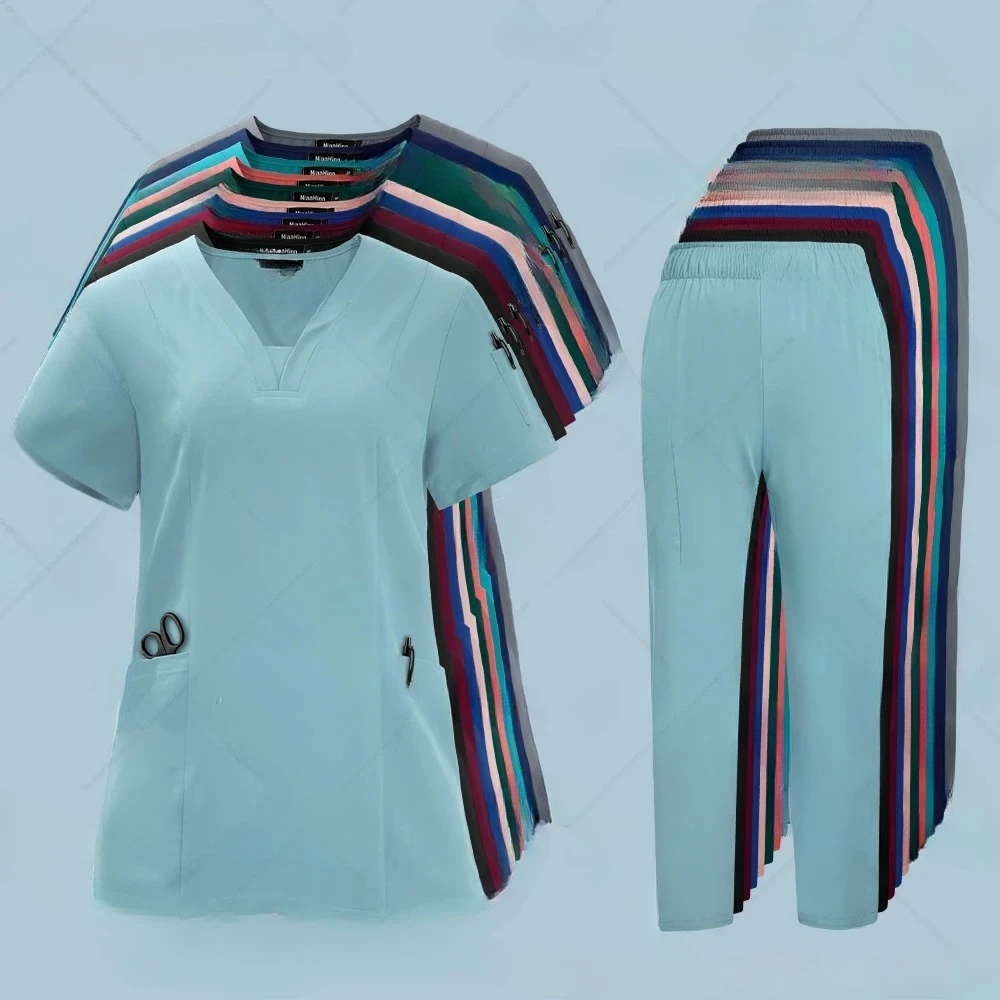 

Новейшая одежда для кормления, розовая, синяя униформа для врачей и медсестер, женские и мужские наборы скрабов, медицинские хирургические топы, брюки, спецодежда для салона красоты