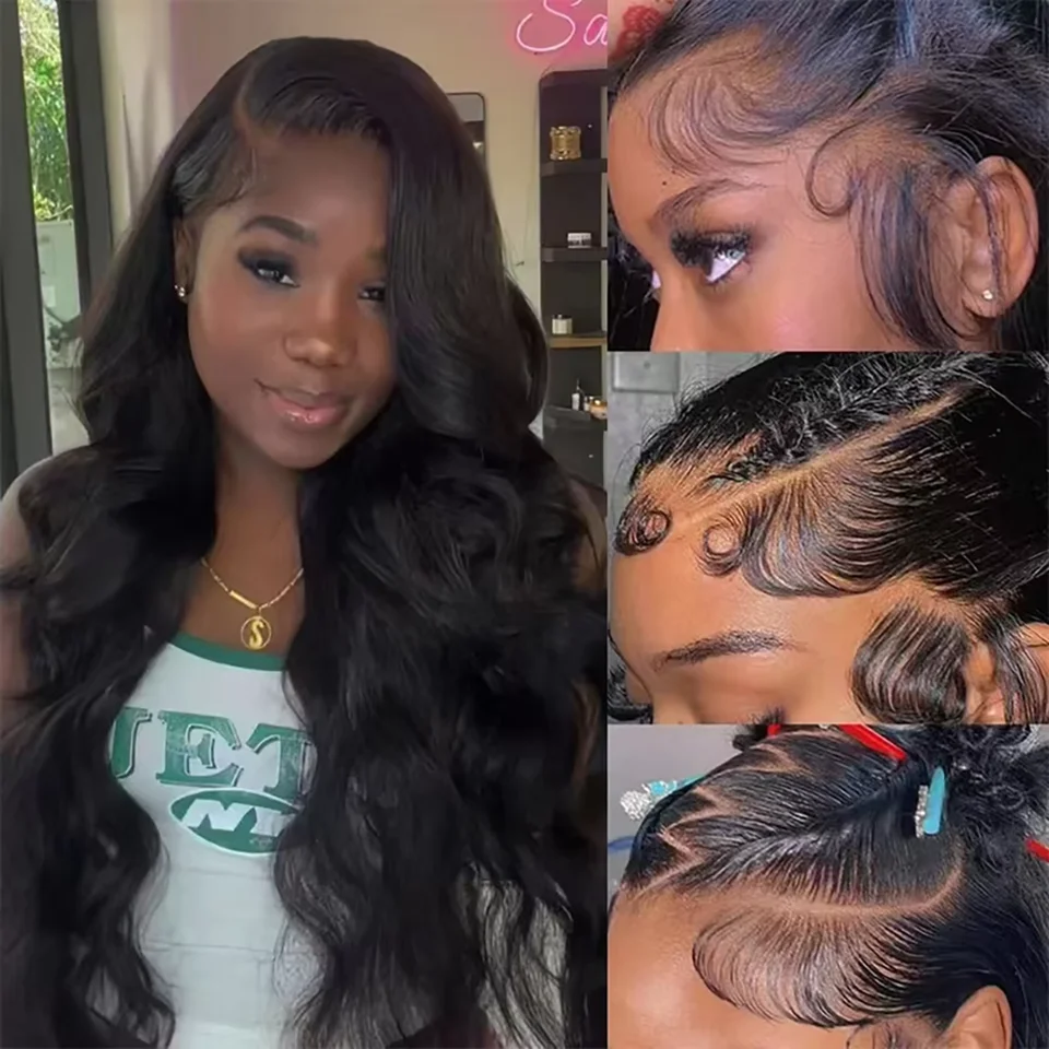 Peluca de cabello humano natural negro, Body Wave, frontal de encaje HD transparente 13x4, con nudos previamente arrancados y encaje frontal para mujer