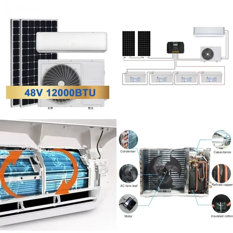 for 12000Btu 1.5HP 1 Ton 100 Percent Solar DC 48V Battery Powered Hybrid Split Solar Air Conditioner