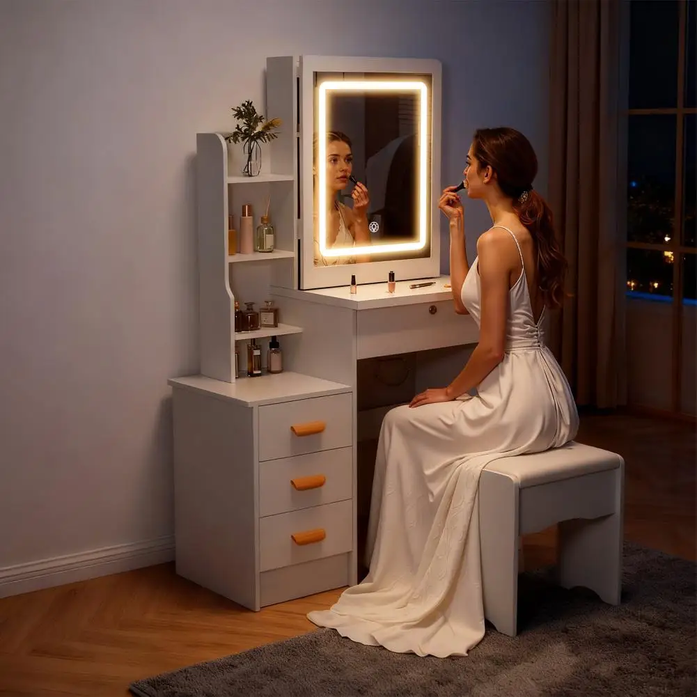 Dressing Table with Sliding Mirror and Lights, Bedroom Vanity Desk, Makeup Table with Drawers & Shelves, Sliding Door Storage