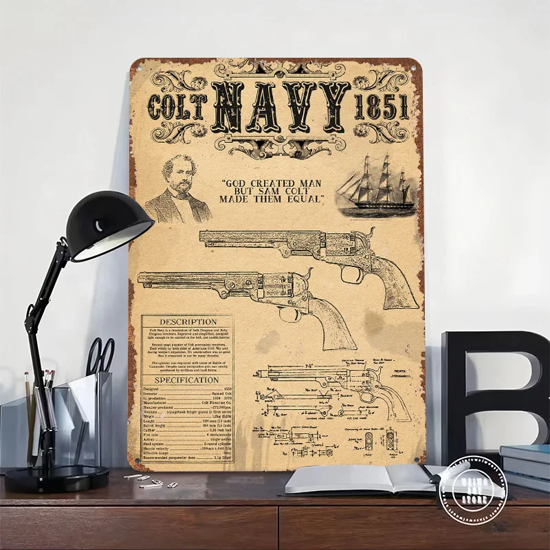 Colt Navy 1851 Revolver Printed Poster Customized Wall Art Retro Vintage Metal Tin Signs for Room Decoration Home Decor Items